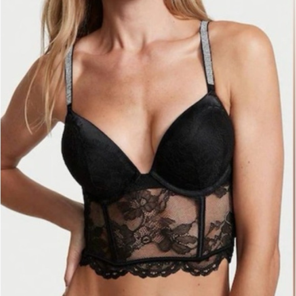 Victoria's Secret Black Lace Longline Push-Up Bra with Metallic Straps